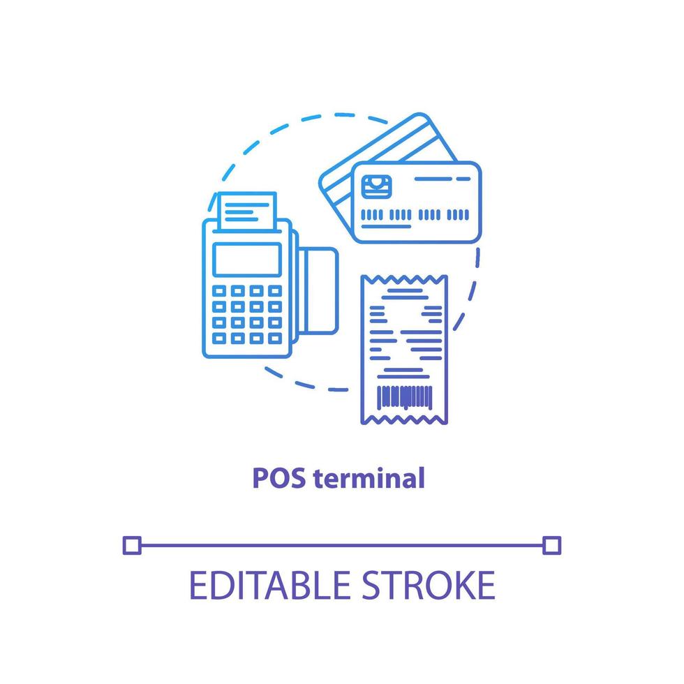 ícone de conceito gradiente azul terminal pos. ilustração de linha fina de ideia terminal. aparelho eletrônico. trasação financeira. máquina de pagamento. ponto de venda, compra. desenho de contorno isolado de vetor