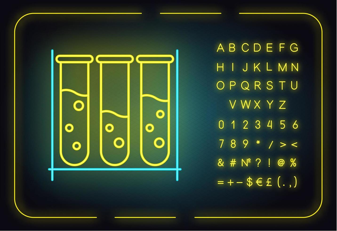 tubos de ensaio ícone de luz neon. química orgânica. trabalho de laboratório. interação com produtos químicos. pesquisa científica. sinal brilhante com alfabeto, números e símbolos. ilustração vetorial isolada vetor