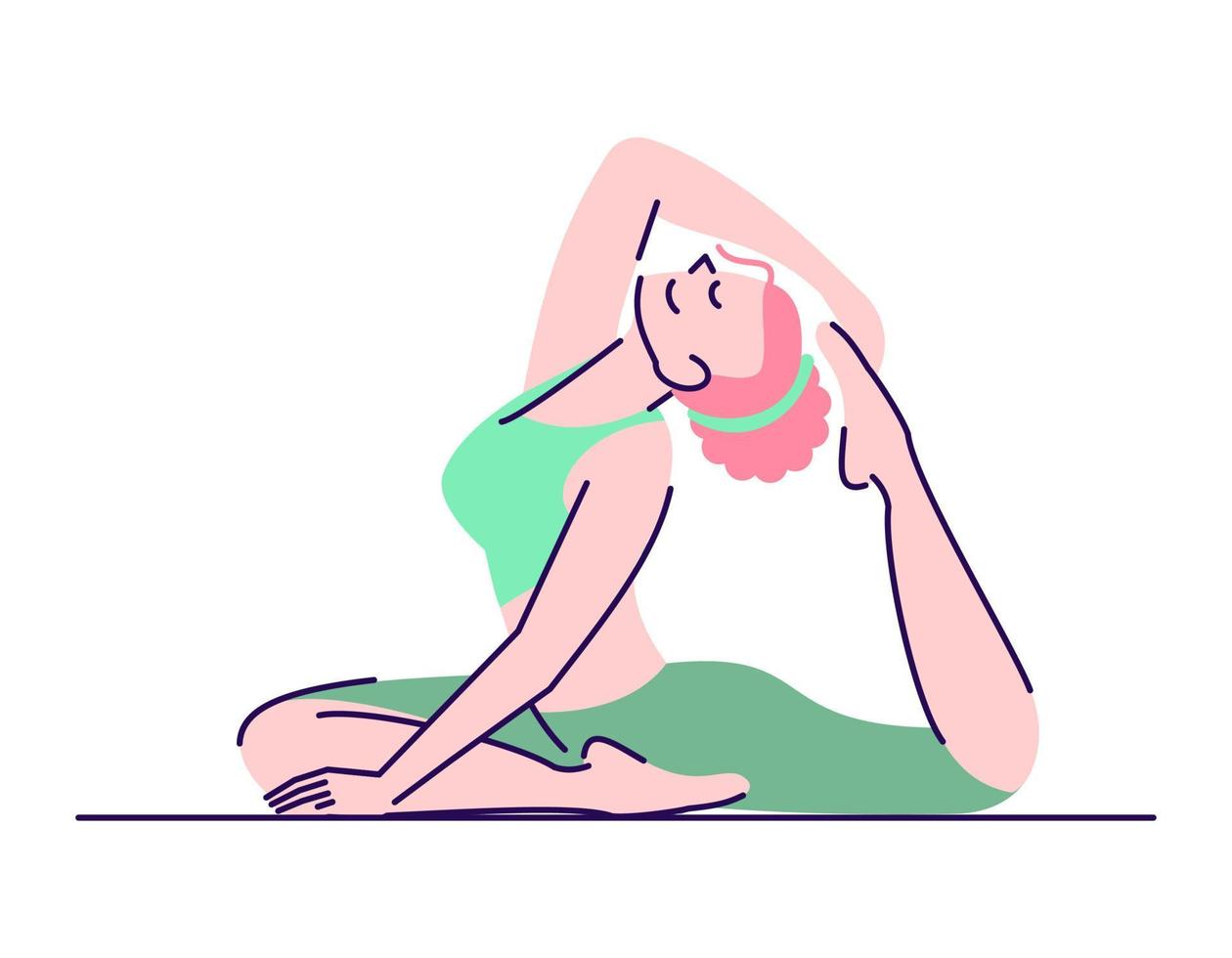 mulher praticando ilustração vetorial plana de exercício rajakapotasana. prática de ioga. menina sentada em uma pose de pombo rei de pernas isoladas personagem de desenho animado com elementos de contorno no fundo branco vetor