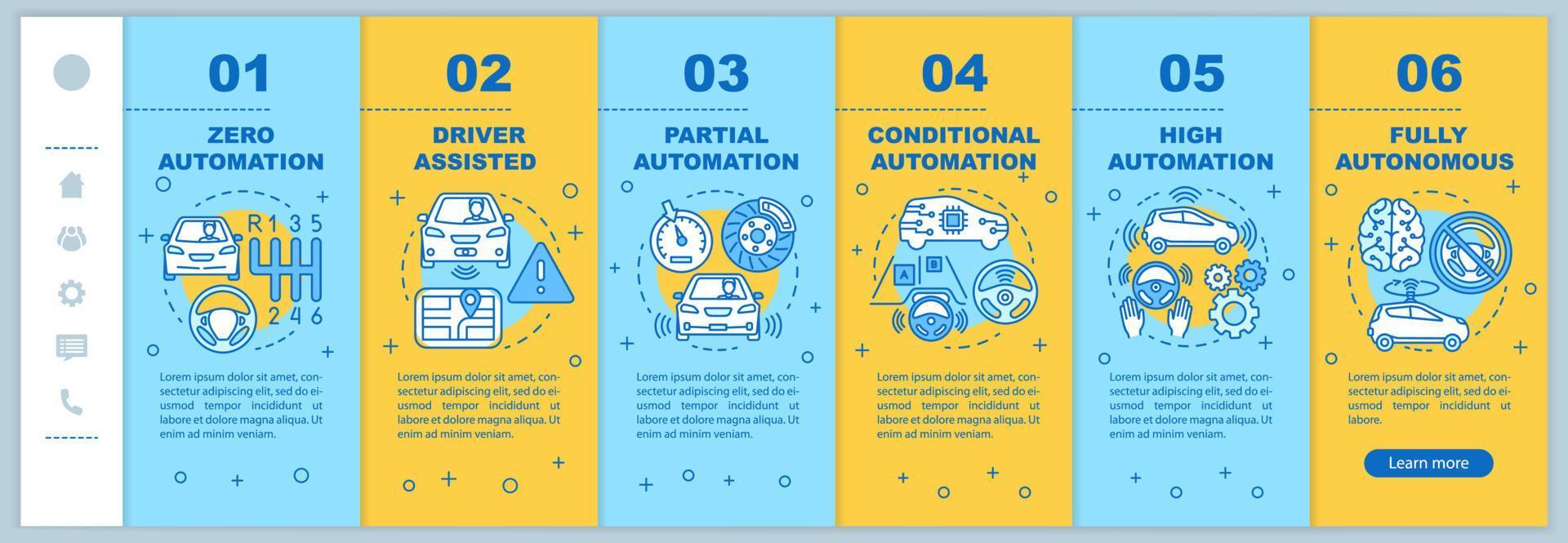 estágios de carro sem motorista integrando o modelo de vetor de páginas da web móvel. ideia de interface de site de smartphone responsivo com ilustrações lineares. telas passo a passo da página da web. conceito de cor