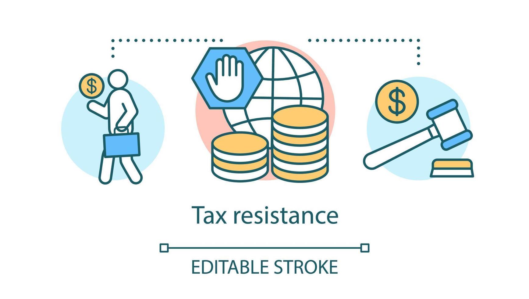 ícone do conceito de resistência fiscal. desobediência civil, ilustração de linha fina de ideia de manifestação do governo. contribuinte com mala, dinheiro e juiz martelo vetor isolado desenho de contorno. traço editável