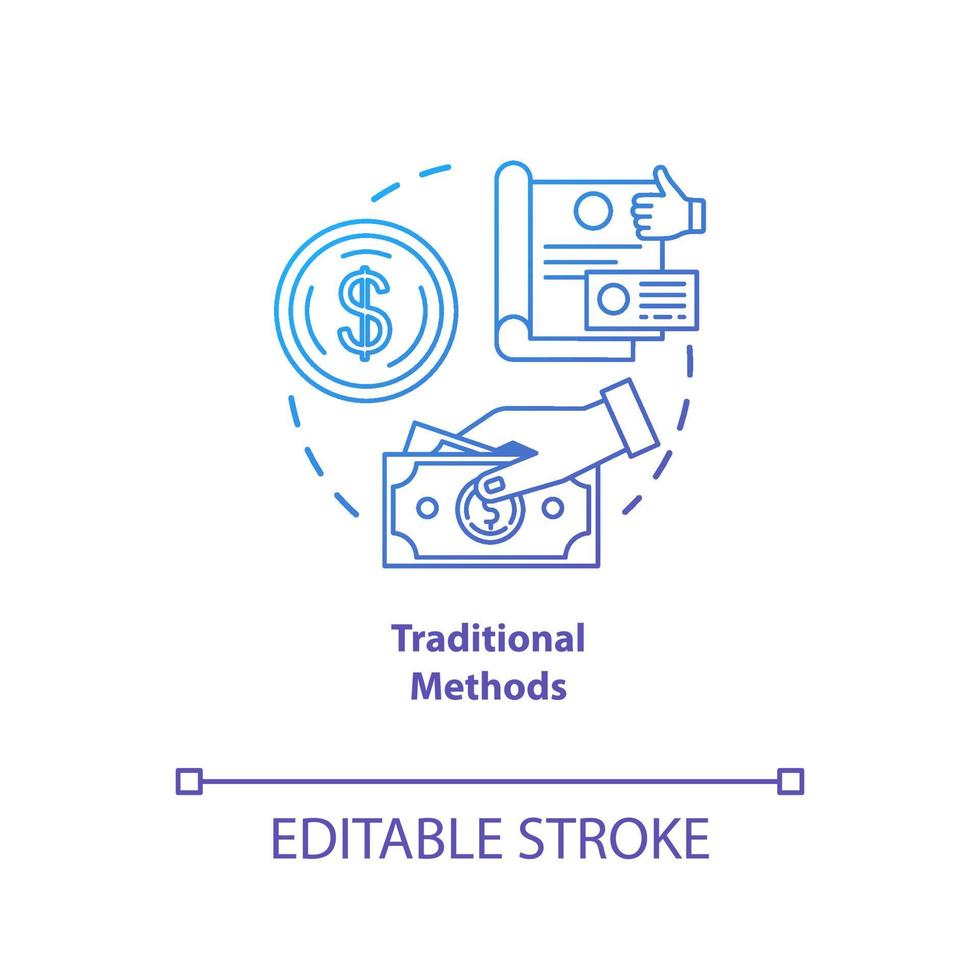 ícone de conceito gradiente azul de métodos de pagamento tradicionais. pagamento com ilustração de linha fina de ideia de dinheiro físico. dinheiro e moedas. Verifica. moeda. desenho de contorno isolado de vetor