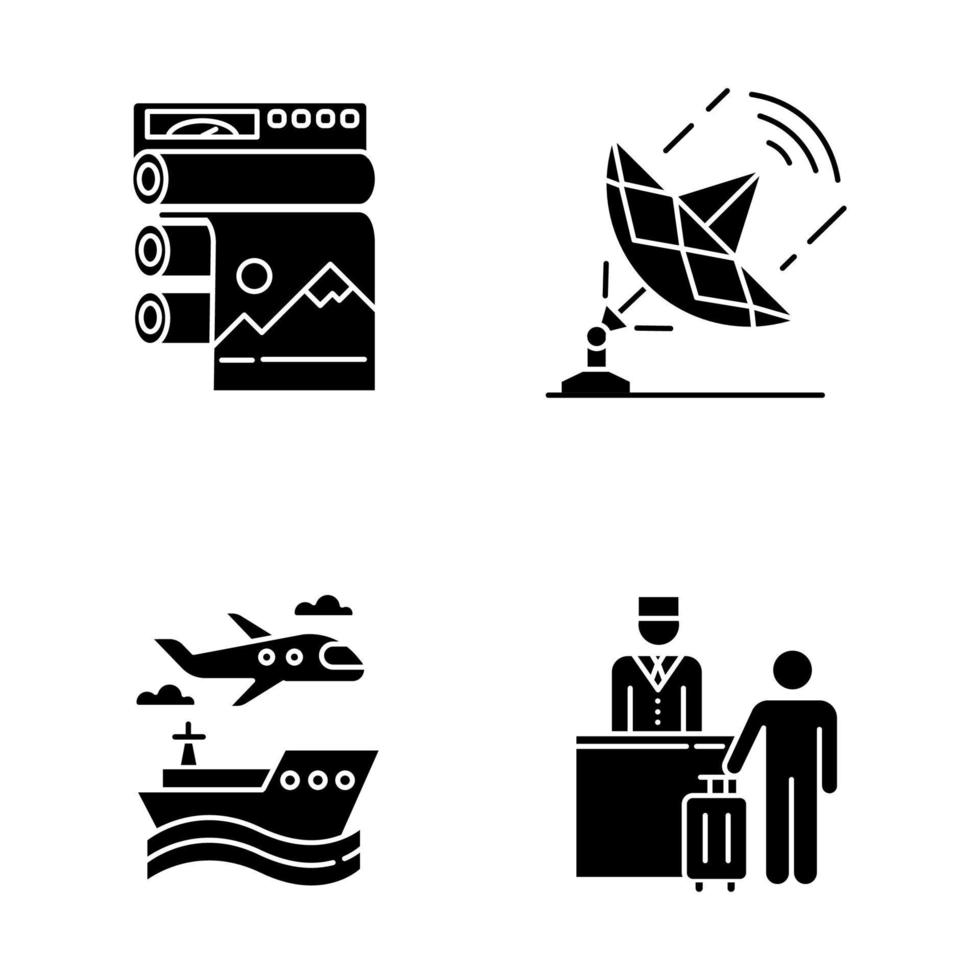 conjunto de ícones de glifo de tipos de indústria. publicação profissional. telecomunicação. transporte. indústria hoteleira. Serviços de Viagem. avião, navio. símbolos de silhueta. ilustração vetorial isolada vetor