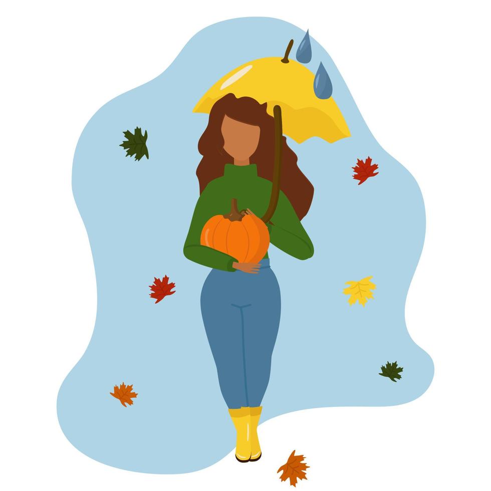 uma garota com roupas de outono com um guarda-chuva e botas. com uma abóbora nas mãos. ilustração vetorial isolada. vetor