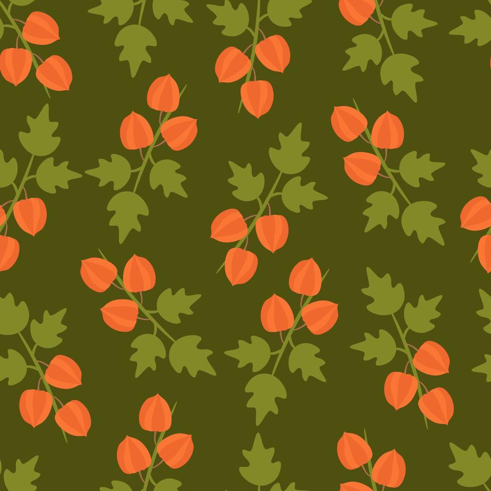 physalis laranja frutas com padrão sem emenda de folhas de outono em um fundo verde escuro. ilustração vetorial em um estilo simples para um site, impressão em papel, tecido, embalagem. vetor