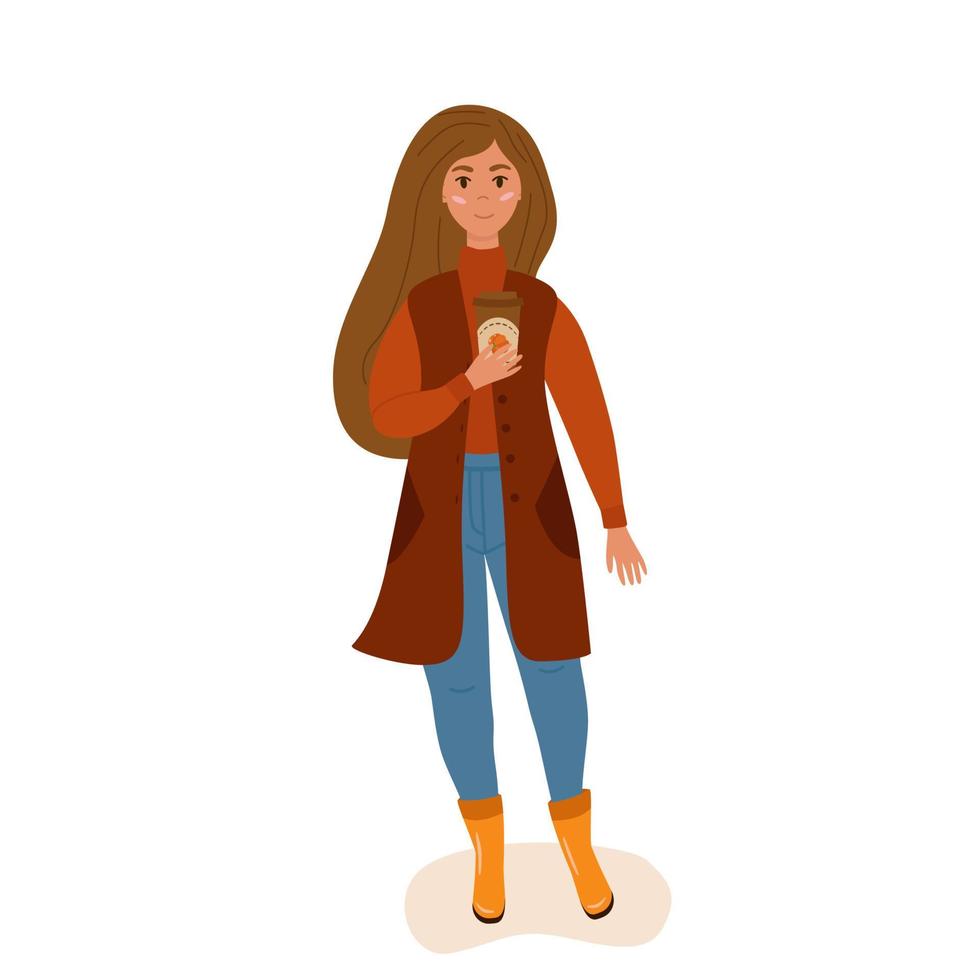 no outono, uma garota está de pé na rua, segurando uma xícara de café. de cardigã, suéter e botas de borracha. ilustração vetorial em um estilo simples. uma paisagem acolhedora. vetor