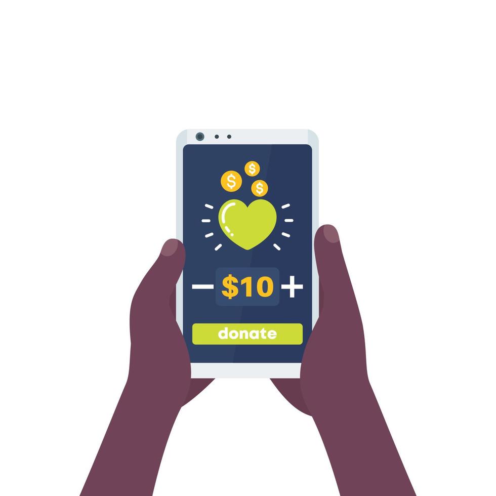 aplicativo de doação, telefone inteligente nas mãos vetor