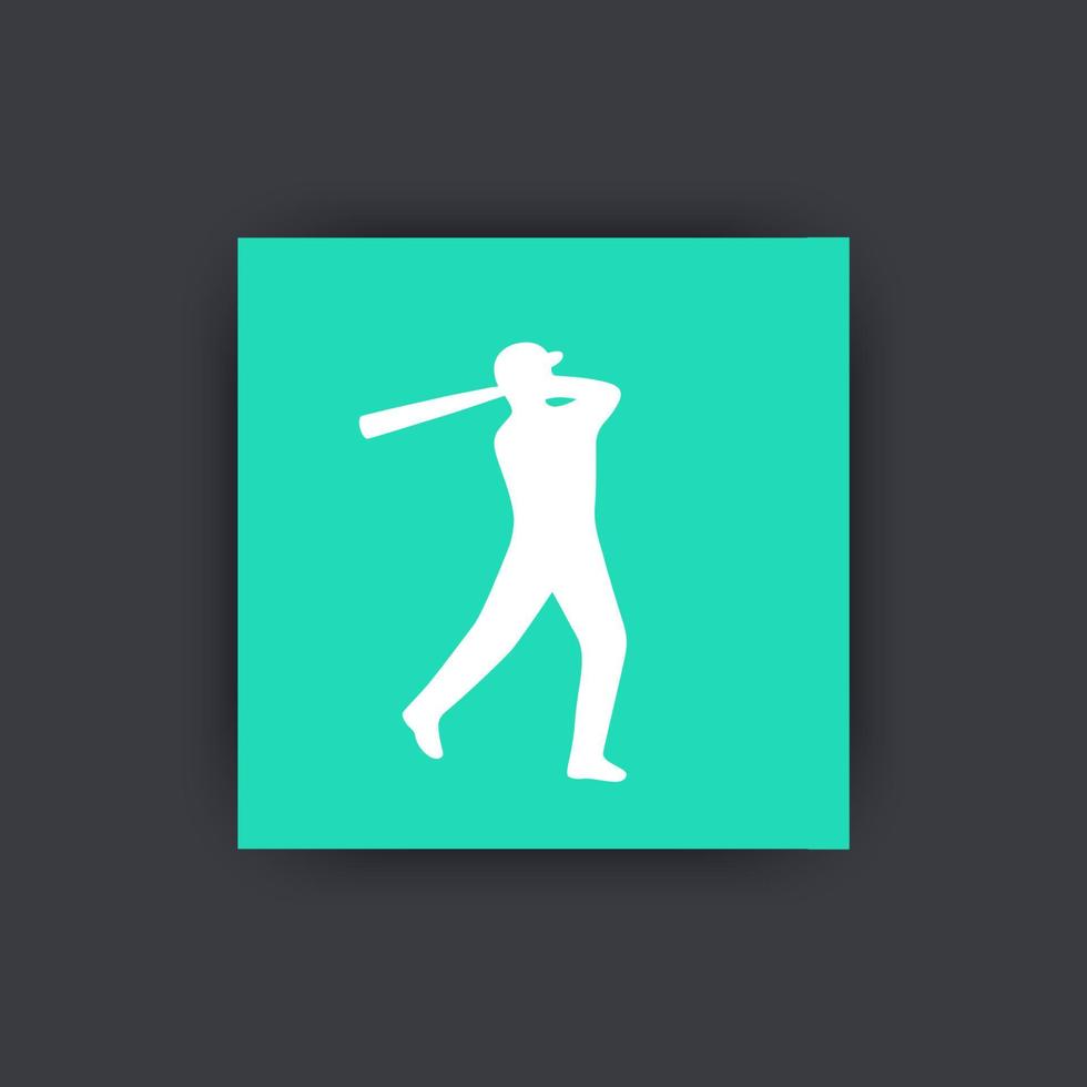 ícone de beisebol, jogador de beisebol no ícone quadrado plano de taco, placa de beisebol, ilustração vetorial vetor