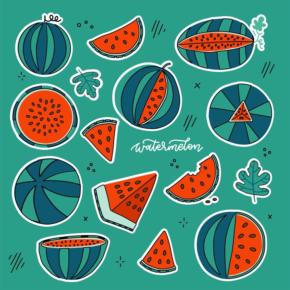 adesivos desenhados à mão de melancia doodle definidos em estilo de cor brilhante. coleção de frutas ensolaradas isoladas - inteiras e fatiadas. ilustração vetorial mão desenhada. vetor