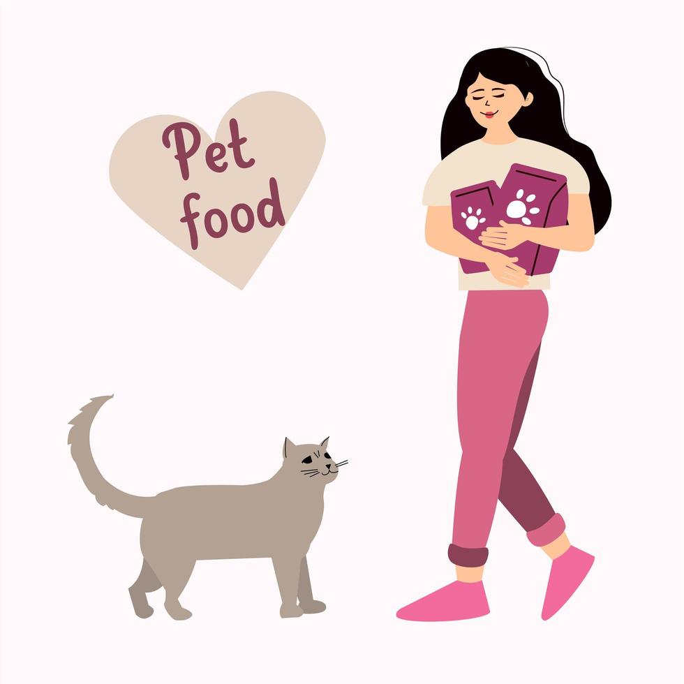 personagem feminina cuidando de um animal de estimação. uma mulher segura um café na coleira e segura comida de gato ou animais de estimação nas mãos. as pessoas amam e se preocupam com animais de estimação. conceito. ilustração vetorial linear vetor