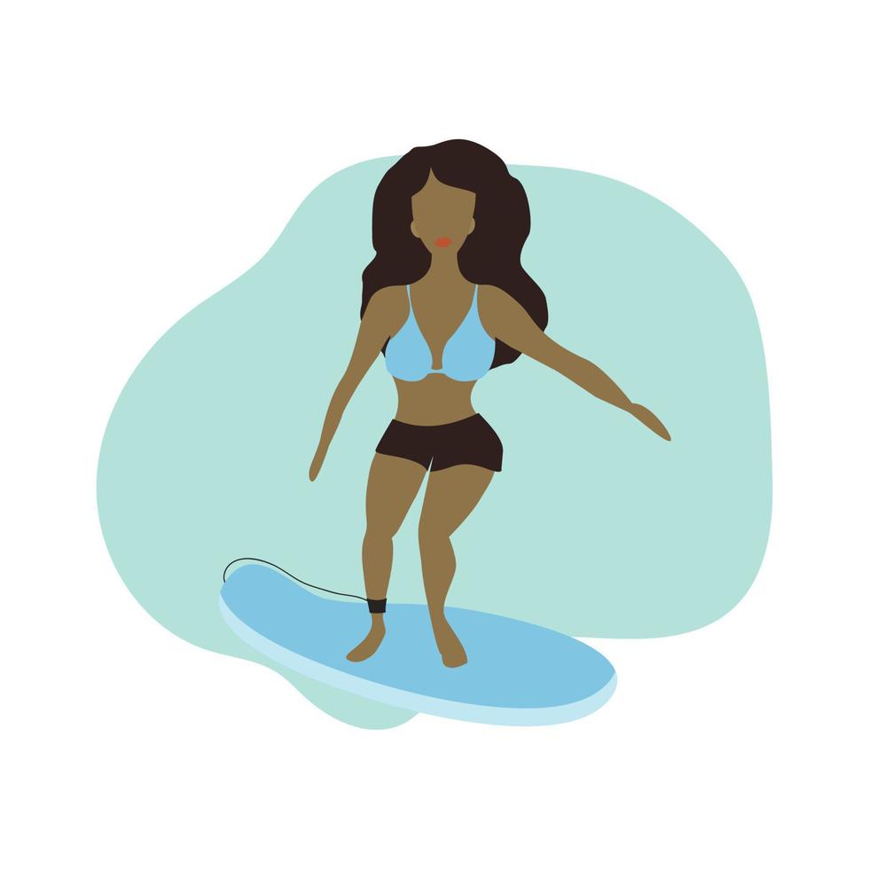 garota esportiva no surf em um maiô azul e shorts. vetor