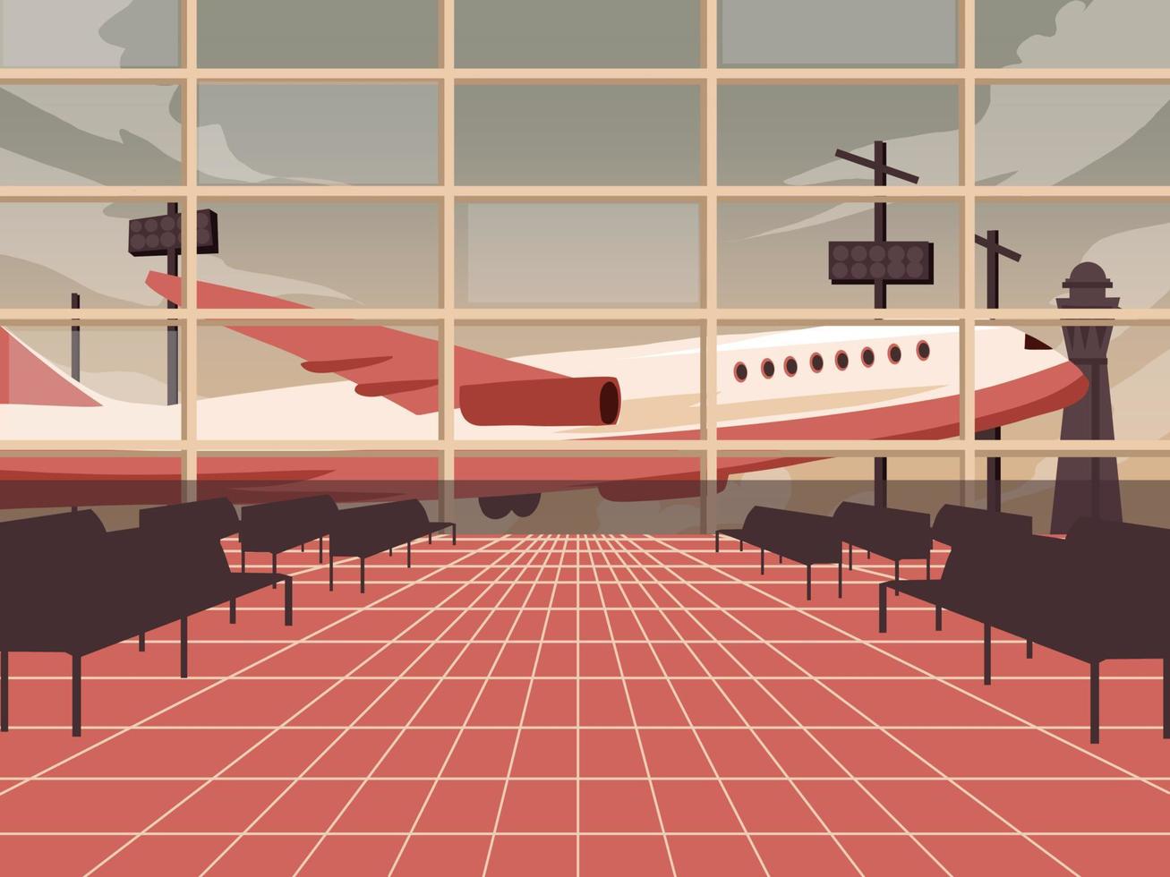 interior do terminal do aeroporto. sala de espera, chegada e partida. ilustração em vetor plana conceito. avião decolando visto pelas janelas