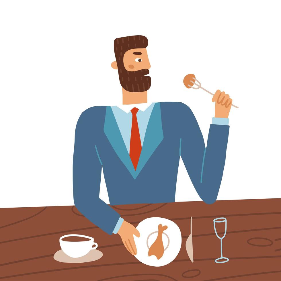 personagem de desenho animado jovem vestindo terno come sentado na mesa de café. ilustração vetorial plana isolada no fundo branco. cara barbudo tomando café com almoço. vetor