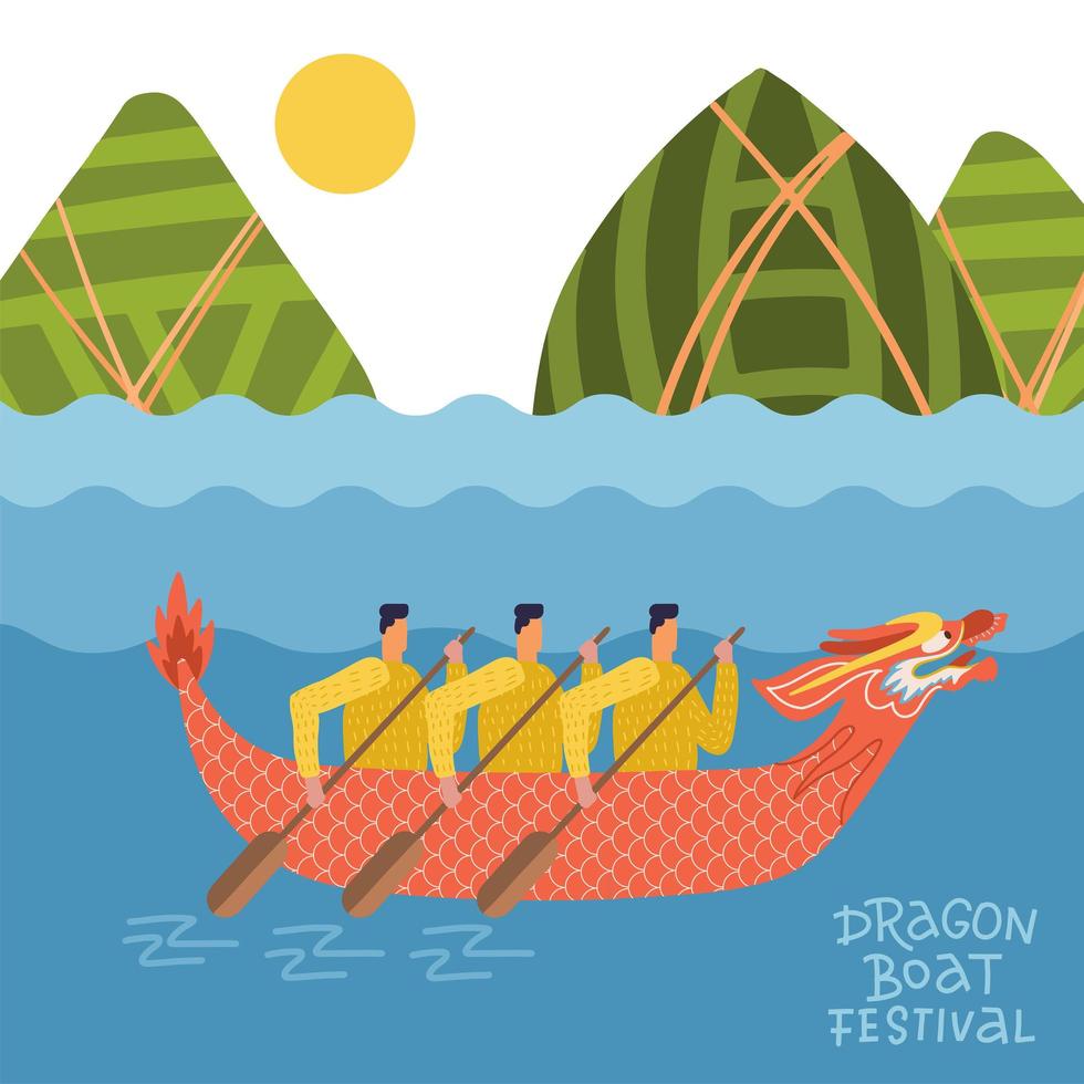 festival do barco dragão - duanwu ou zhongxiao. paisagem fluvial com barco dragão chinês com homens e montanhas em forma de bolinhos. ilustração vetorial plana vetor