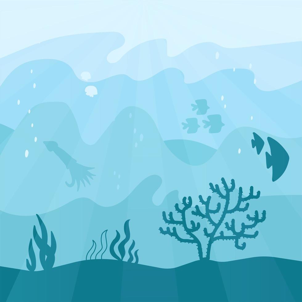 fundo plano de desenhos animados subaquáticos com silhueta de peixe, algas, coral, lula, água-viva. vida marinha do oceano em diferentes tons da cor água-marinha. ilustração vetorial de paisagem submarina vetor