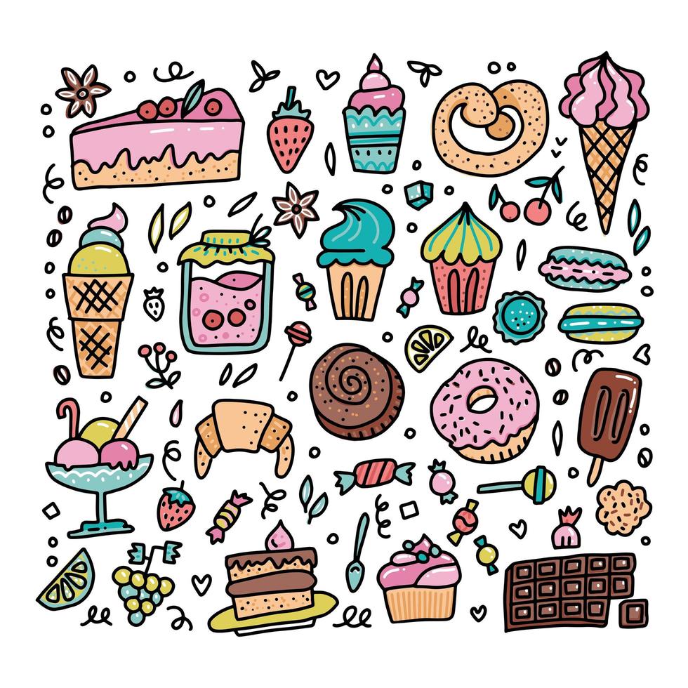 conjunto colorido de objetos, símbolos e itens de doodle de desenhos animados de comida doce. ilustração de contorno de cor desenhada à mão em vetor feita em estilo cartoon.