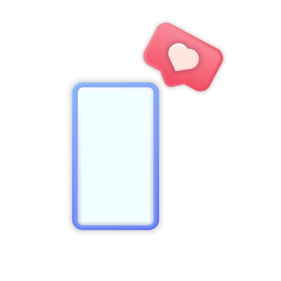 Smartphone de desenho 3D com botão semelhante. telefone celular com bolha de fala de emoji de coração e like. mídias sociais como ícone no celular. ilustração vetorial isolado. vetor