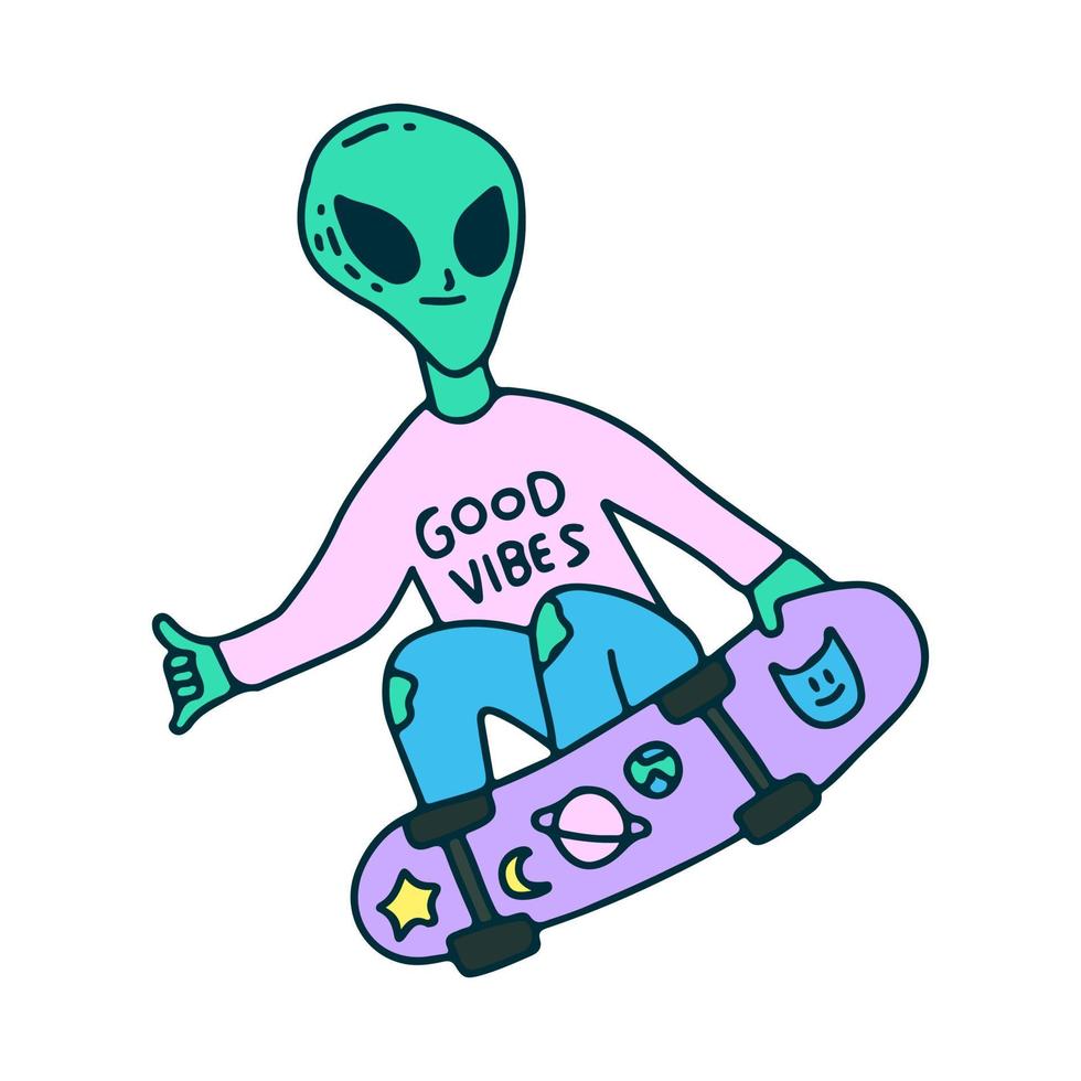 exagere no estilo livre alienígena com skate, ilustração para camiseta, adesivo ou mercadoria de vestuário. com doodle, pop suave e estilo cartoon. vetor