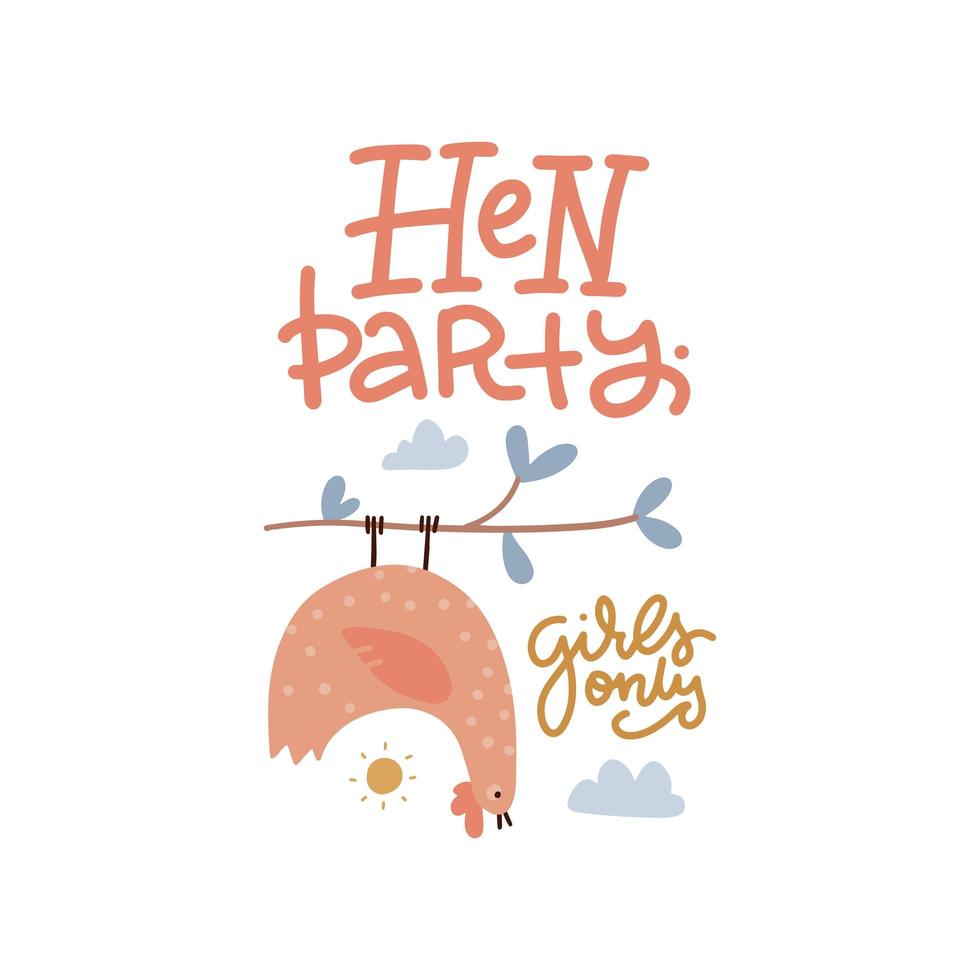 logotipo de festa de galinha com frango pendurado em um galho de cabeça para baixo e letteringtext. ilustração engraçada desenhada de mão plana vetorial vetor