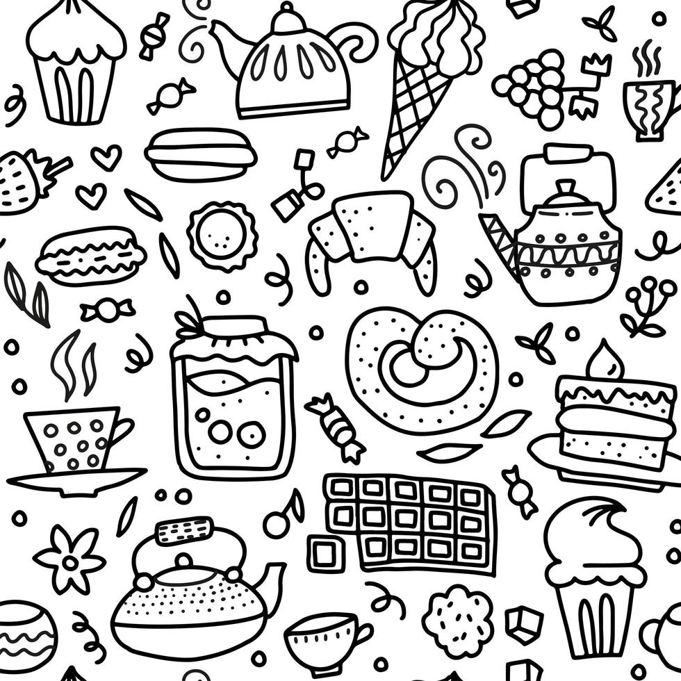 padrão de doodle sem costura de chá e doces. delinear a ilustração desenhada à mão sobre a hora do café ou do chá - café, chá, cupcake, xícaras, doces, pirulitos vetor