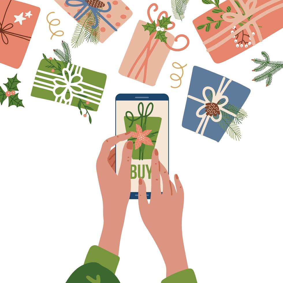 conceito de encomendar presentes de natal online - mãos femininas segurando um dispositivo de telefone celular com botão adicionar ao carrinho e muitas caixas de presentes embrulhadas voadoras. compras online. ilustração vetorial plana. vetor