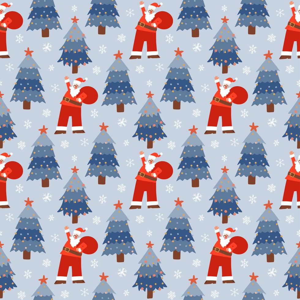 padrão sem emenda de natal com desenho animado papai noel andando com saco de presentes em fundo azul nevado com abetos. ilustração vetorial de mão plana desenhada. vetor