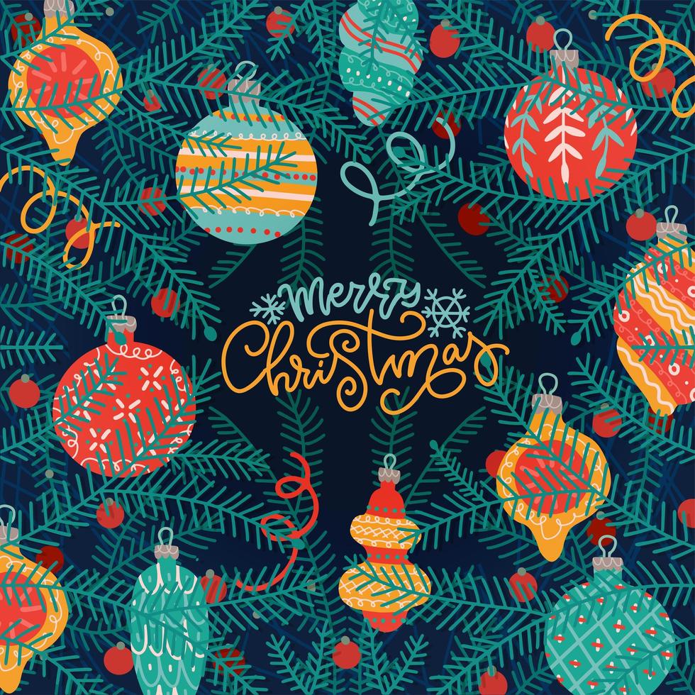 cartão de feliz natal com enfeites de natal e bolas penduradas no galho de pinheiro. design de temporada de inverno festivo. ilustração vetorial plana com texto de letras. vetor