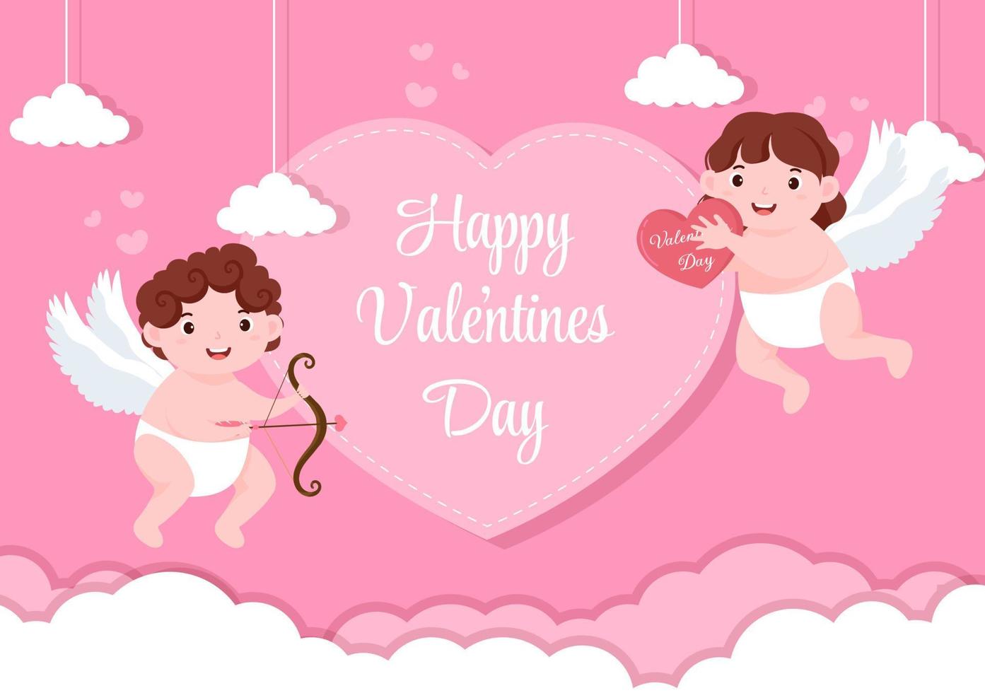 feliz dia dos namorados ilustração de design plano que é comemorado em 17 de fevereiro com bonito cupido, anjos nas nuvens para cartão de amor vetor