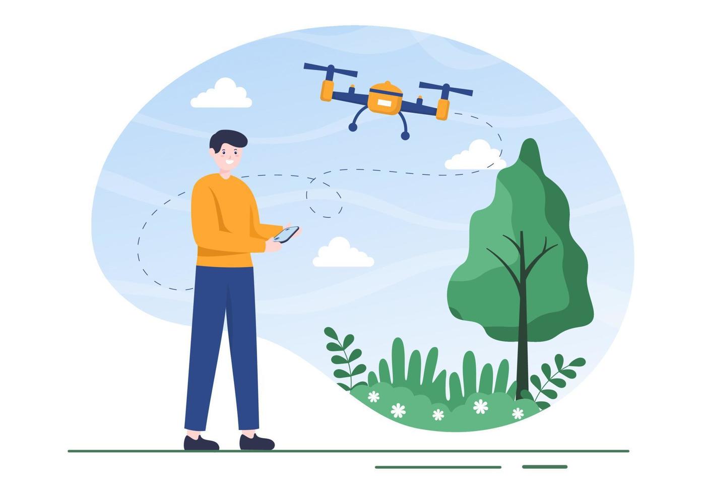 drone com controle remoto da câmera acionado voando para tirar fotografia e gravação de vídeo em ilustração plana de fundo de desenho animado vetor