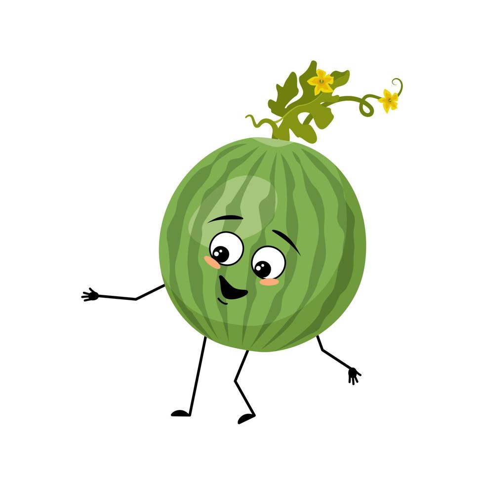 personagem de melancia redonda listrada verde com emoção feliz, rosto alegre, olhos de sorriso, braços e pernas. pessoa com expressão feliz, emoticon de frutas ou bagas. ilustração vetorial plana vetor