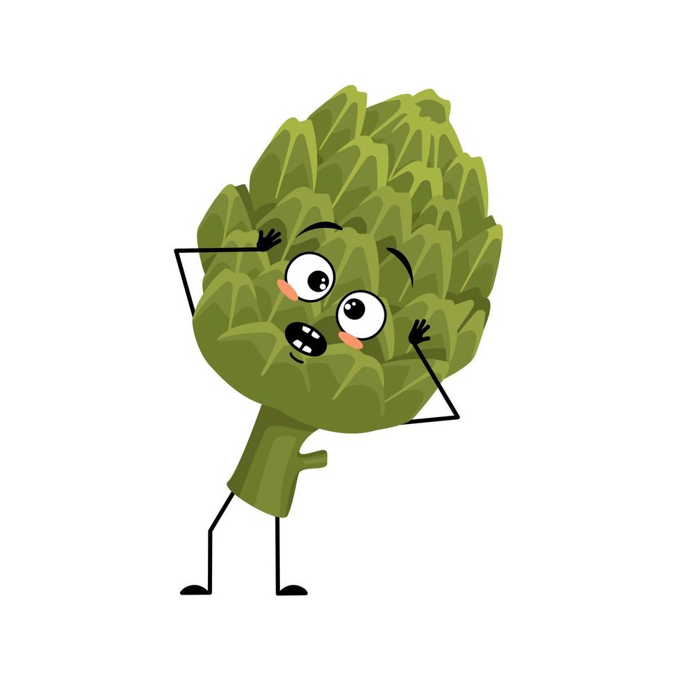 personagem de alcachofra com emoções em pânico agarra sua cabeça, rosto surpreso, olhos chocados, braços e pernas. pessoa com expressão assustada, emoticon vegetal verde. ilustração vetorial plana vetor