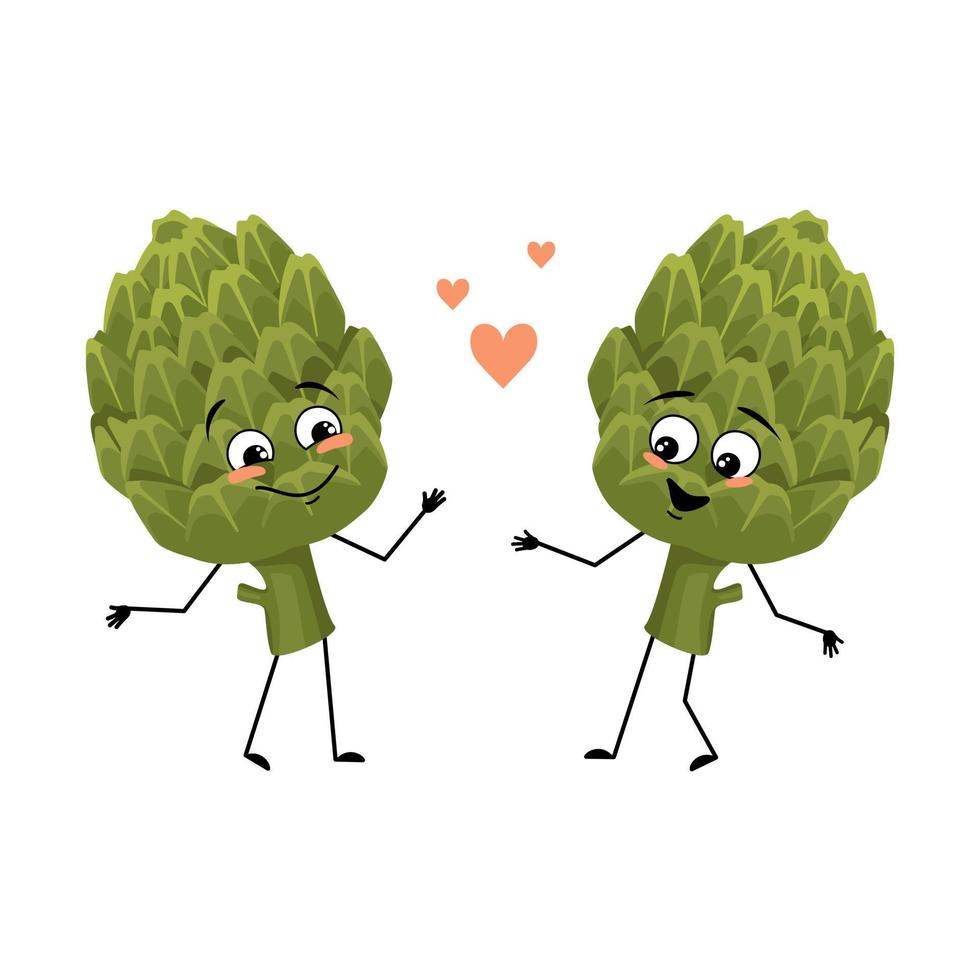 personagem de alcachofra com emoções de amor, rosto de sorriso, braços e pernas. pessoa com expressão feliz, emoticon vegetal verde. ilustração vetorial plana vetor