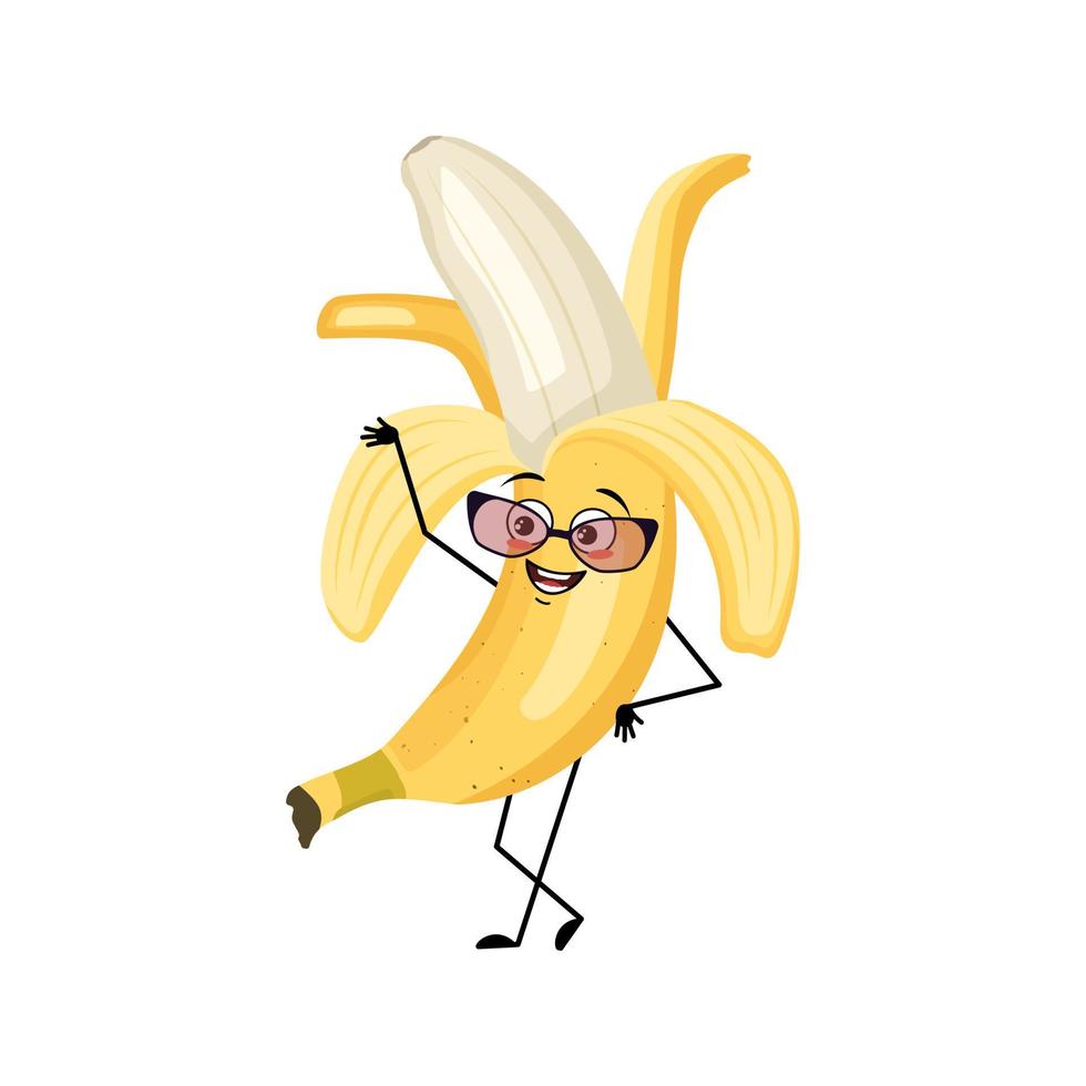 personagem de banana com emoção feliz e óculos, rosto alegre, olhos de sorriso, braços e pernas. pessoa com expressão, emoticon de frutas. ilustração vetorial plana vetor