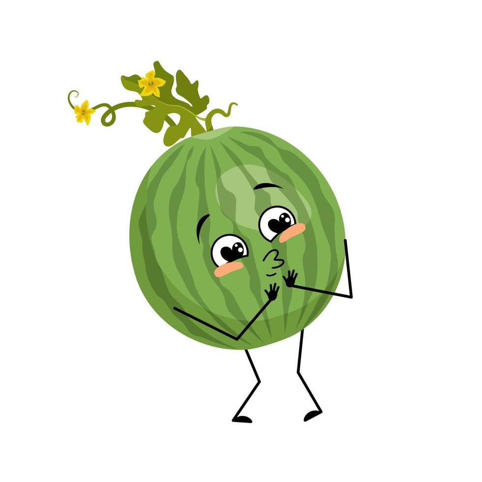 personagem de melancia redonda listrada verde com emoções de amor, rosto de sorriso, braços e pernas. pessoa com expressão feliz, emoticon de frutas ou bagas. ilustração vetorial plana vetor