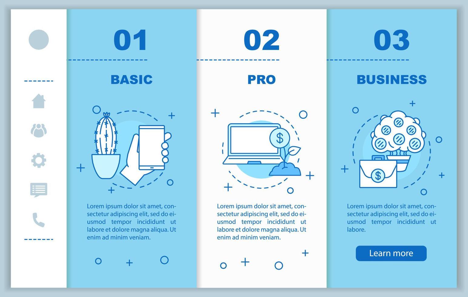 desenvolvimento de negócios onboarding modelo de vetor de páginas da web móvel. opções básicas e profissionais. serviços financeiros. softwares de negócios. interface de site de smartphone responsivo. telas passo a passo da página da web