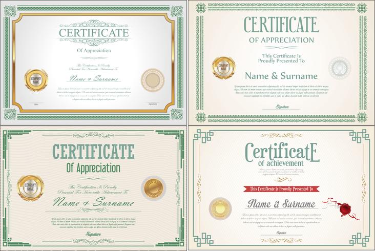 Conjunto de design de certificado de conquista com selos vetor