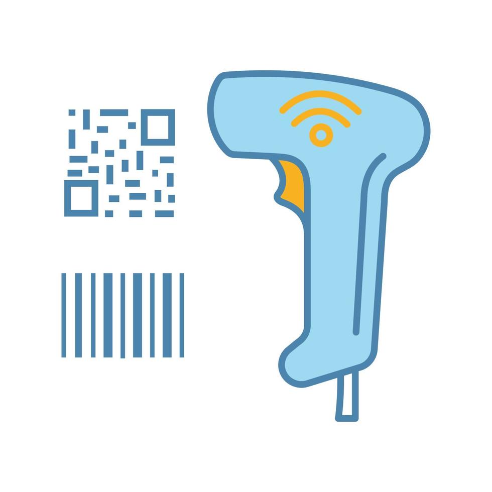 ícone de cor do scanner de código de barras e código qr. Leitor portátil de códigos de barras lineares e matriciais wifi. códigos qr e dispositivo tradicional de leitura de códigos de barras. loja, loja, supermercado. ilustração vetorial isolada vetor