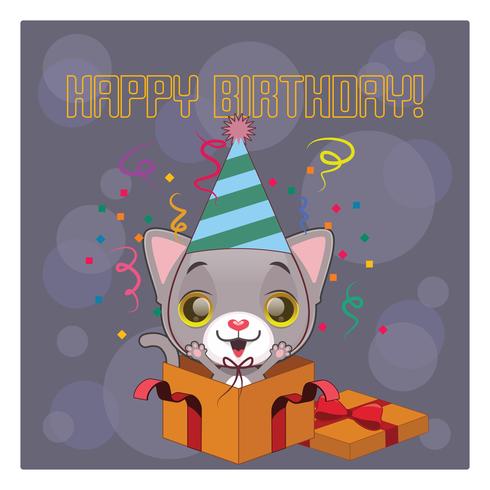 Cartão de aniversário com giro gato cinzento vetor