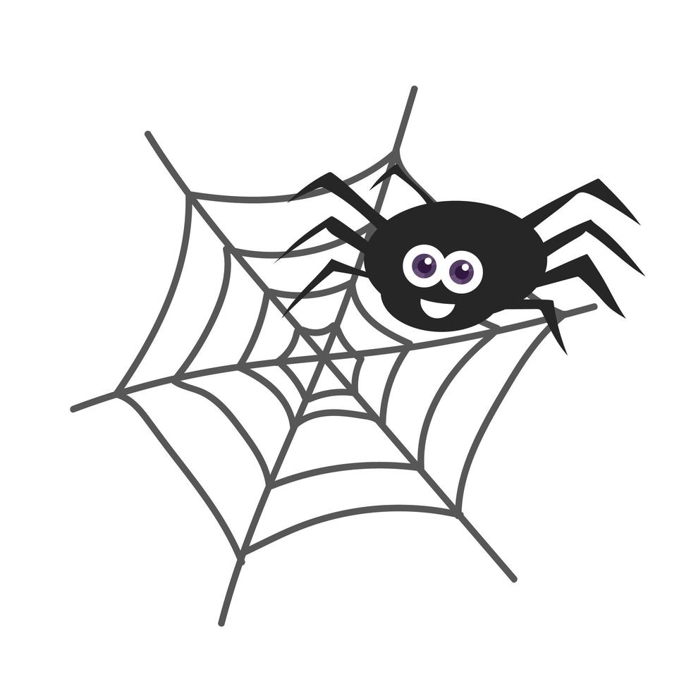 grande aranha sorridente preta sentada em uma teia de aranha em um fundo isolado. vetor