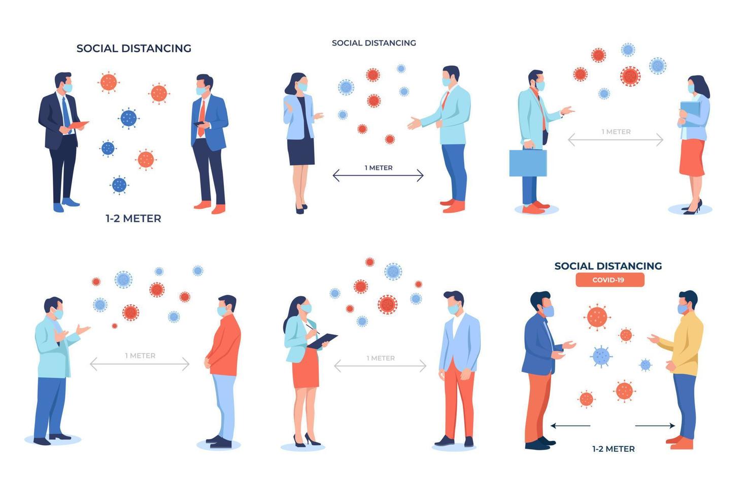 conjunto de ilustração de distanciamento social. mantenha distância nas pessoas da sociedade pública para proteger do coronavírus covid-19. vetor