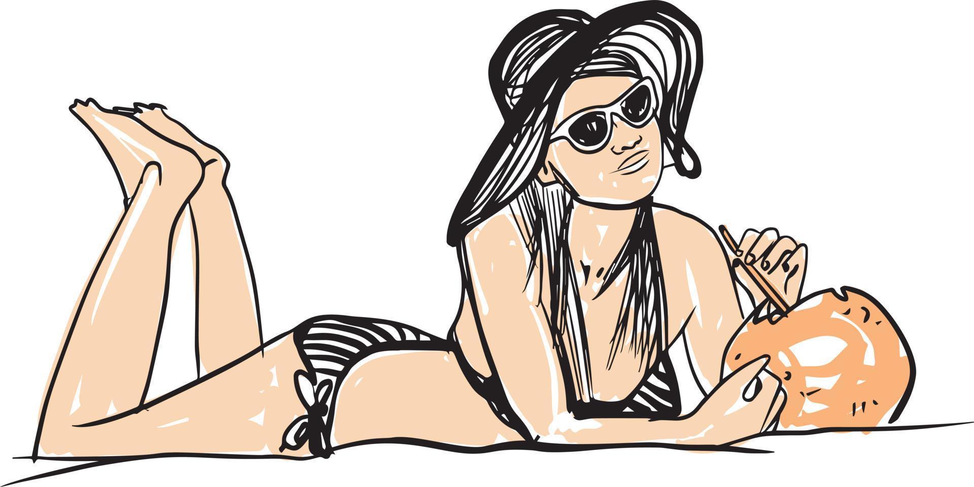 ilustração de verão com uma silhueta de girlin na praia vetor