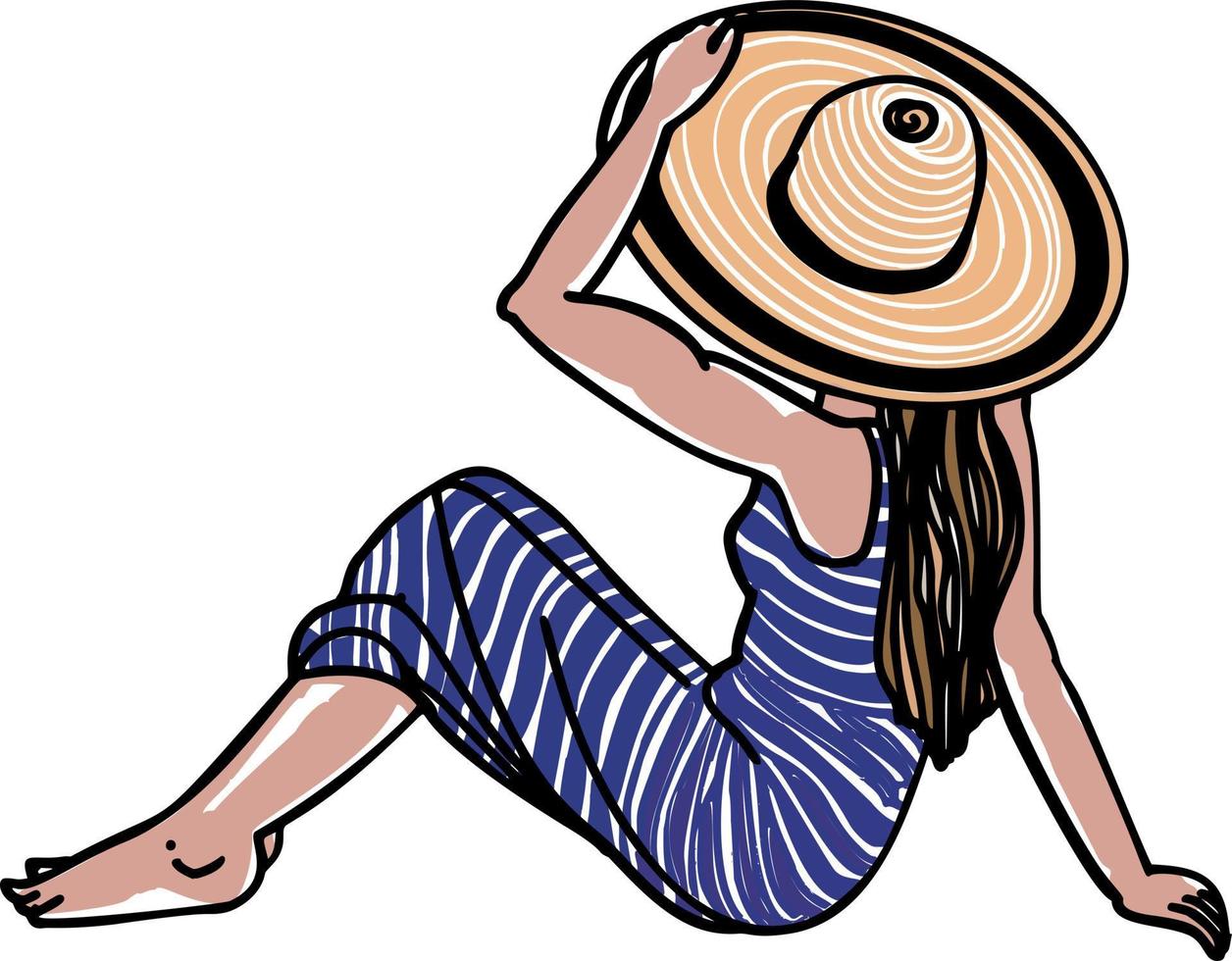 ilustração de verão com uma silhueta de menina em um maiô na praia. vetor