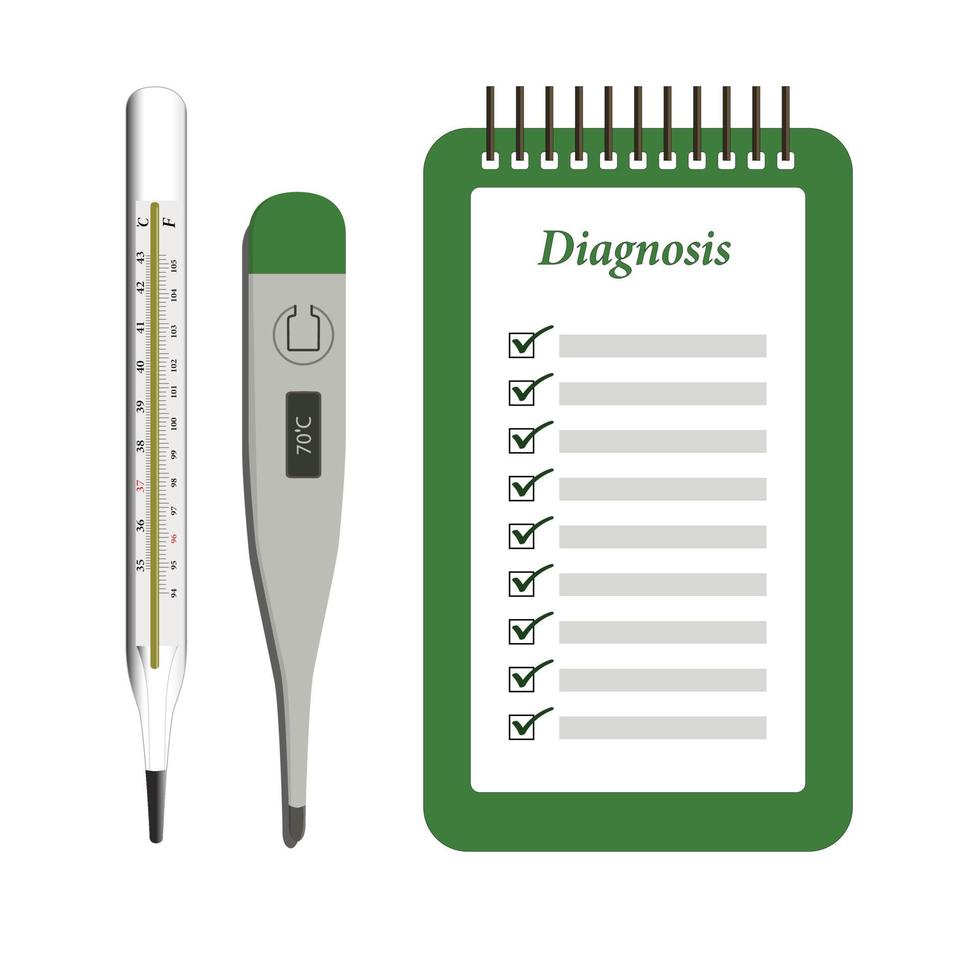 diagnóstico médico e placa de check-up com termômetro elétrico médico e termômetro de vidro para promoções e ilustrações médicas vetor