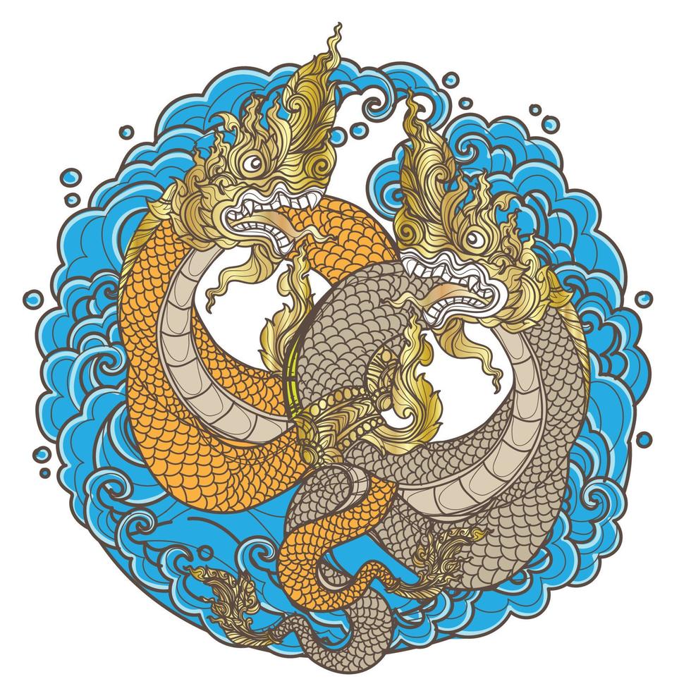 Cauda da serpente tailandesa doodle kawaii colorido desenho plano  ilustração vetorial moldura de borda t