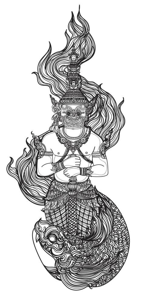 tatuagem arte peixe tailandês e literatura padrão gigante desenho à mão esboço vetor