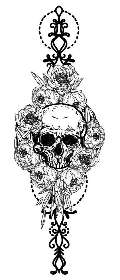 arte de tatuagem de caveira com flores desenhando esboço preto e branco vetor