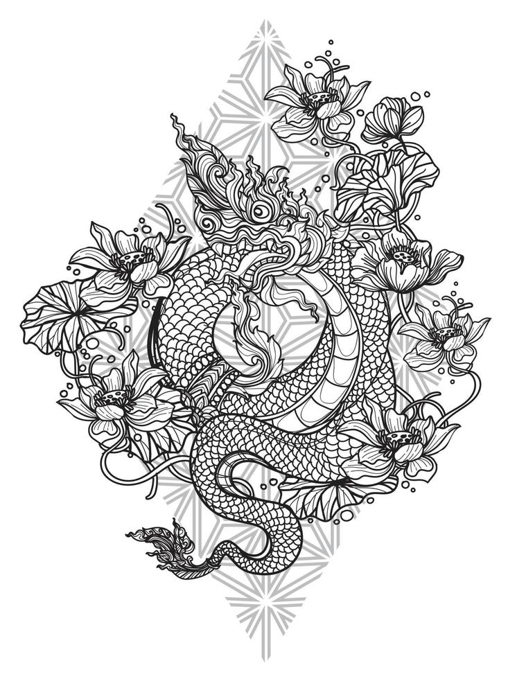 arte de tatuagem flor de dragão tailandês desenho e esboço de mão em preto e branco vetor