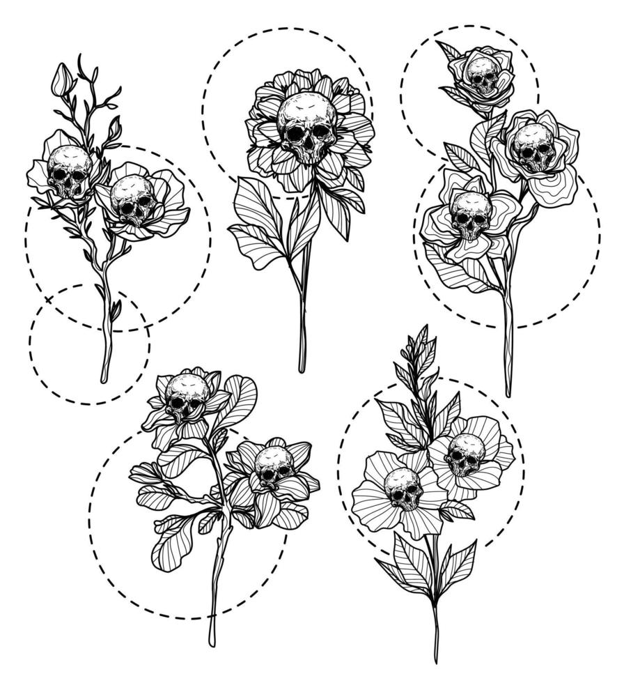 conjunto de arte de tatuagem crânio e flor desenho à mão e esboço em preto e branco vetor