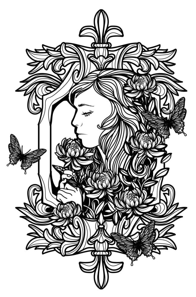 arte de tatuagem mulheres e mão de flores desenho e esboço em preto e branco vetor