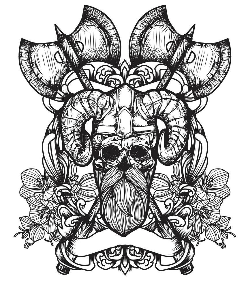 tatuagem arte crânio mão desenho e esboço preto e branco vetor